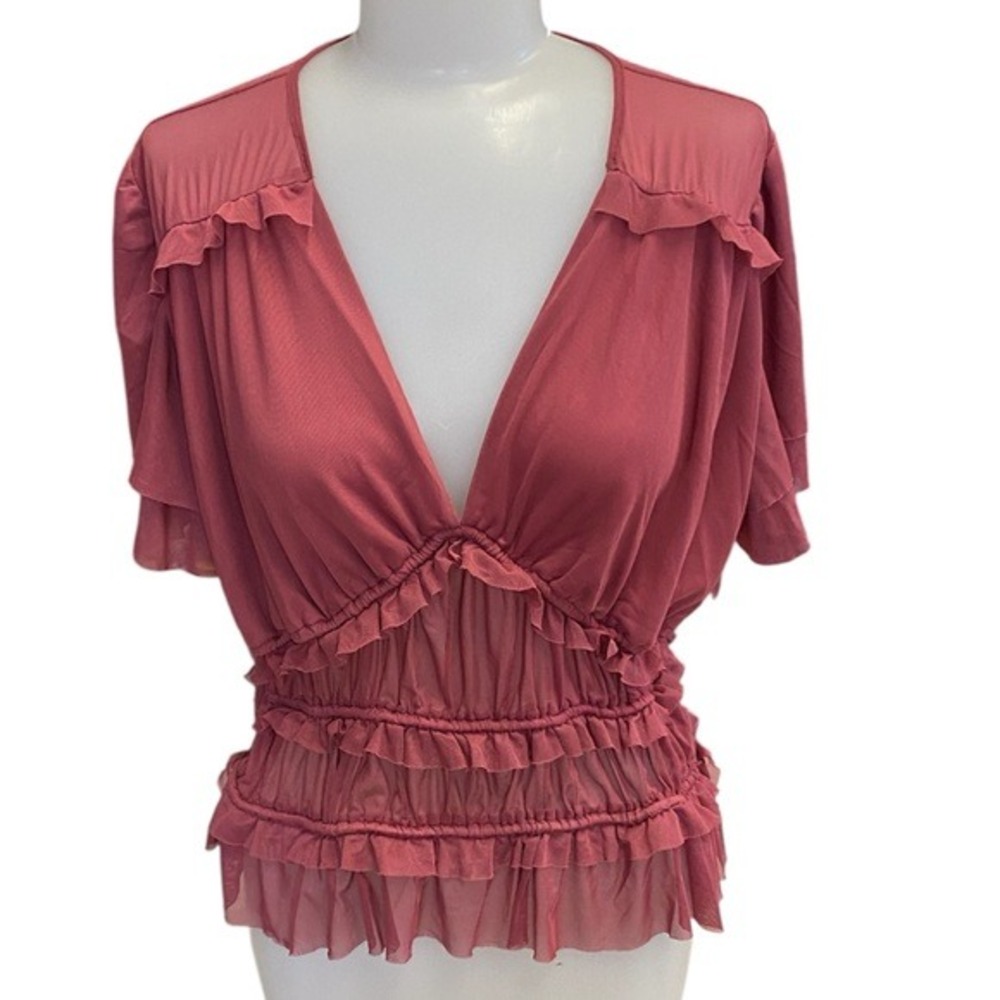 Willow and Root XS Tiered Ruffle Mesh Flutter Sleeve Smocked Waist Peplum Top